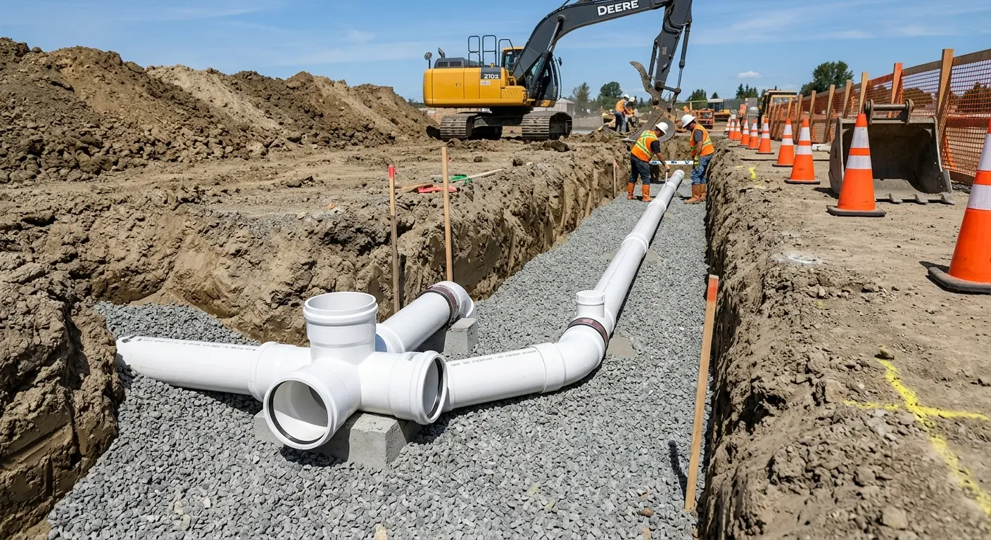 New PVC sewer pipe installation in open trench for Commercial Drain Cleaning in Grandville