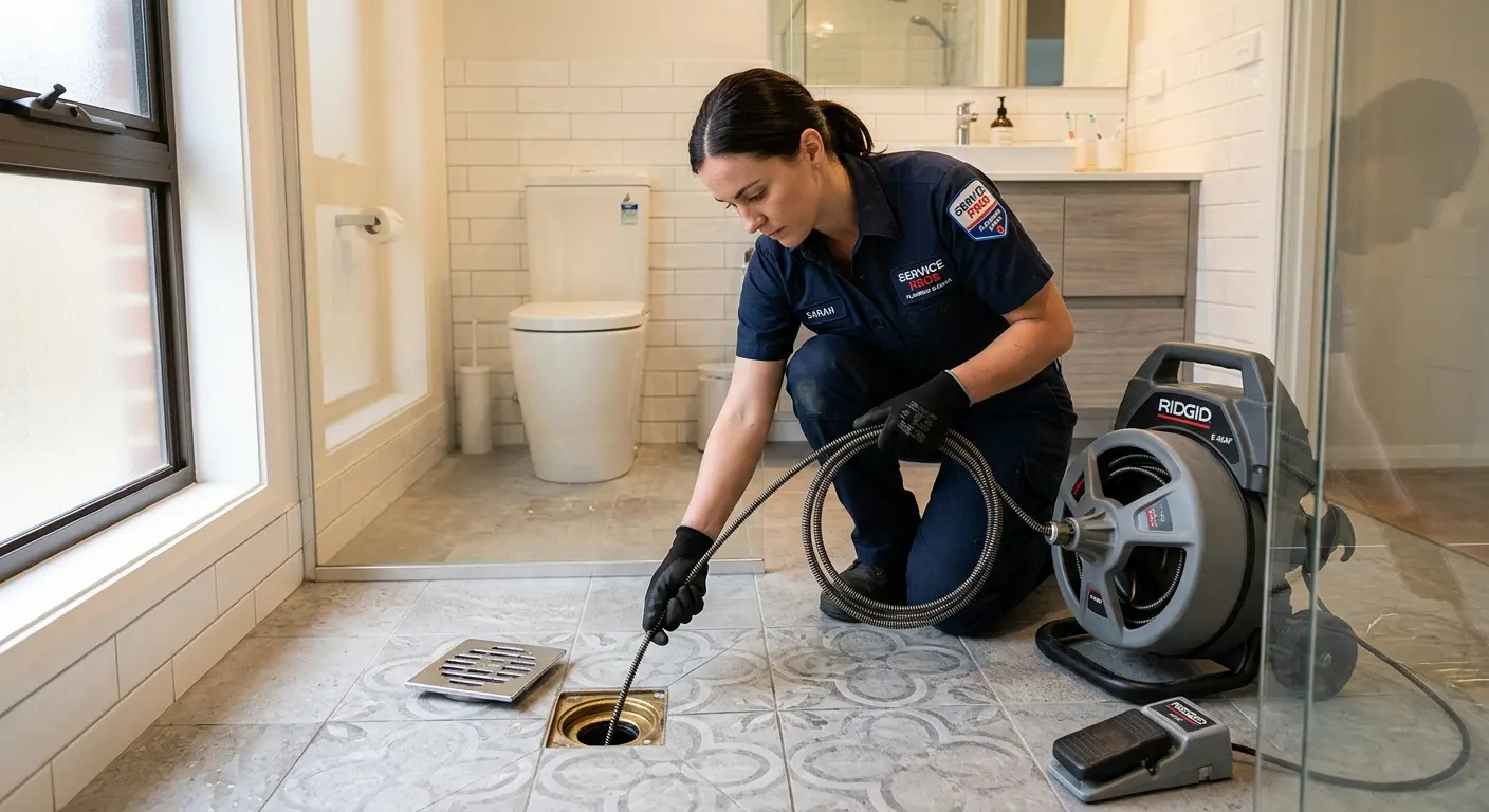 Technician clearing a bathroom floor drain for Sewer Line Replacement in Grandville